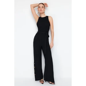 Trendyol Black Belted Snap Detailed Wide Leg Maxi Woven Jumpsuit