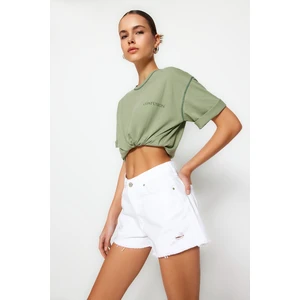 Trendyol White Ripped Detail Denim Shorts