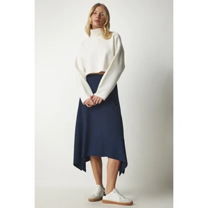 Happiness İstanbul Women's Navy Asymmetrical Cut Ribbed Knitted Skirt