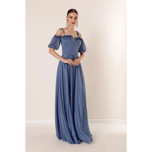 By Saygı Pleated Collar with Balloon Sleeves, Lined Glittery Long Dress INDIGO