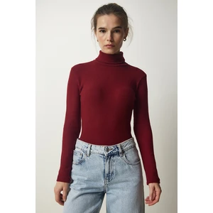 Happiness İstanbul Women's Burgundy Turtleneck Ribbed Knitted Blouse