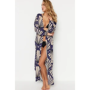 Trendyol Geometric Patterned Belted Maxi Woven Kimono & Caftan