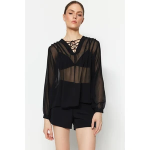 Trendyol Black Weave Sheer Blouse with Lace-up Detail