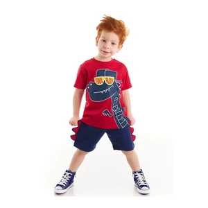 Denokids Cool Dinosaur Boys Child Red T-shirt Navy Blue Shorts Set