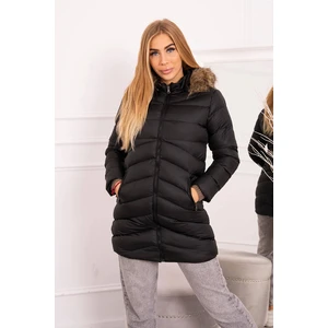 Quilted winter jacket with hood and fur black