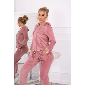 Velour set with kangaroo sweatshirt dark pink