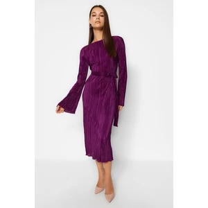 Trendyol Purple Premium Pleat Fabric A-Line Midi Knitted Dress with Flare Sleeves Detail