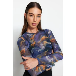 Trendyol Multicolored Printed Tulle Fitted/Sleeping Crop Stretchy Knit Blouse