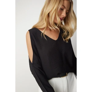 Happiness İstanbul Women's Black Off-the-Shoulder Release-Length Flowy Aerobatic Blouse