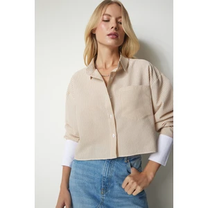 Happiness İstanbul Women's Beige Pinstripe Crop Shirt