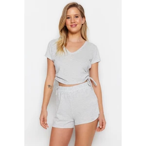 Trendyol Gray Cotton Gathered T-shirt-Shorts Knitted Pajamas Set