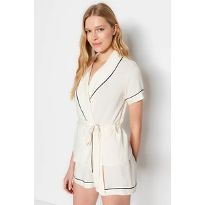 Trendyol Beige Tie and Piping Detailed Shirt-Shorts Woven Pajama Set