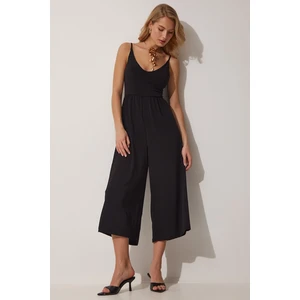 Happiness İstanbul Women's Black Knitted Jumpsuit with Rope Straps V-Neck