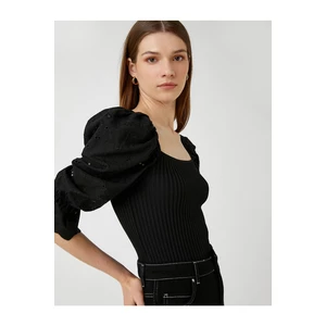 Koton Embroidered Detailed Ribbed Sweater Square Collar