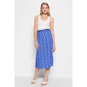 Trendyol Blue Midi Woven Skirt with a Slit Detail and Floral Pattern in Viscose Fabric