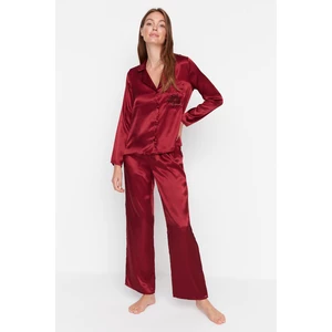 Trendyol Claret Red Christmas Theme with Embroidered Satin Shirt-Pants, Woven Pajamas Set.