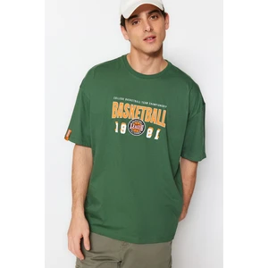 Trendyol Green Men's Oversize/Wide Cut Crew Neck Short Sleeve Basketball Printed 100% Cotton T-Shirt.