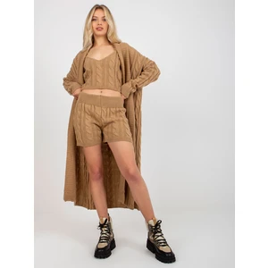 Camel three-piece knitted set with top and shorts