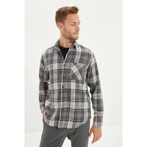 Trendyol Gray Men's Slim Fit Zapinany kołnierzyk Single Pocket Lumberjack Krata Koszula z długim rękawem