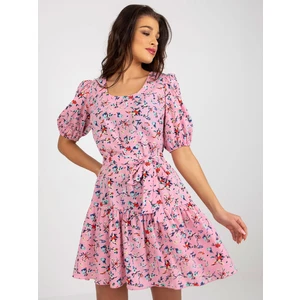 Pink flowing floral dress with ruffle