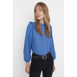 Trendyol Weave Indigo Stand-Up Collar Frilled Shirt