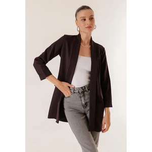 By Saygı Lycra Long Jacket with Fake Pockets, Shawl Collar