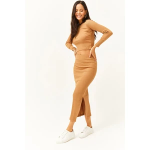 Olalook Women Camel Crew Neck Blouse Slit Skirt Lycra Suit