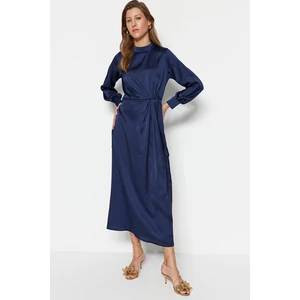 Trendyol Navy Blue Satin Evening Dress with Smocked Waist