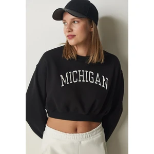 Happiness İstanbul Women's Black Printed Crop Knitted Sweatshirt