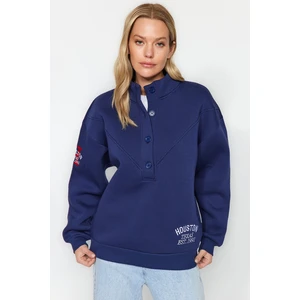 Trendyol Navy Blue Thick Inside Fleece Embroidery and Button Detailed Stand-up Collar Oversize Knitted Sweatshirt