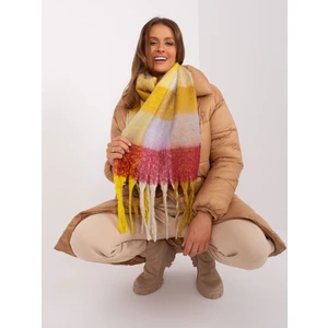 Yellow and burgundy winter scarf with plaid fringes