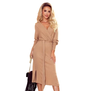 356-1 Envelope sweater dress with a tie - BEIGE STRIPES