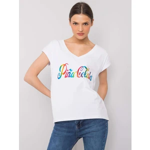 White t-shirt with a colorful print