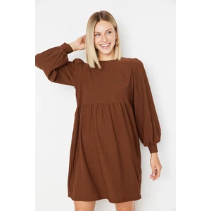 Trendyol Brown Flounce Skater/Waist Crap/Textured Mini Knitted Dress