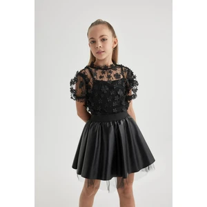 DEFACTO Girl's Patterned Tulle Short Sleeve T-Shirt