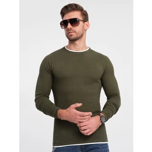 Ombre Men's cotton sweater with round neckline - dark olive