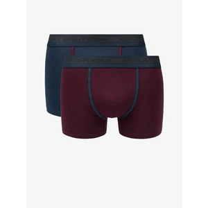 Replay Boxerky Boxer Style 6 Cuff Logo&Contrast Piping 2Pcs Box - Dark Blue/Bordeaux - Pánské