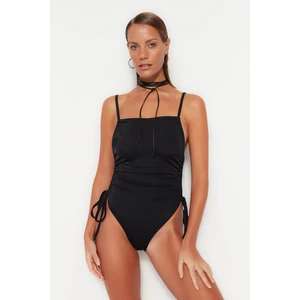 Trendyol Black Square Collar, Pleated Regular Leg Swimsuit