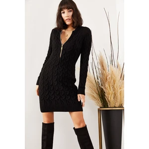 Olalook Women's Black Zippered Hair Knitted Sweater Dress