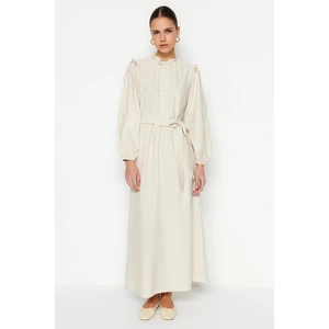 Trendyol Cream Belted Guipure and Frill Detail, Linen-Mixed Woven Dress