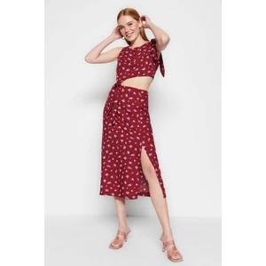 Trendyol Claret Red A-Line Midi Woven Slit Tie Detail Floral Dress