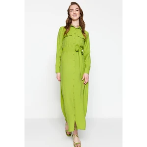 Trendyol Oil Green Belted Pocket Detailed Woven Shirt Dress