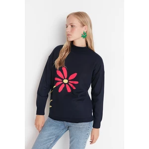 Trendyol Navy Blue Daisy Jacquard Knitwear Sweater
