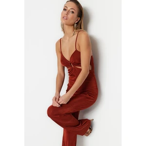 Trendyol Cinnamon Jumpsuit with Knitted Window/Cut Out Detail and Shimmer