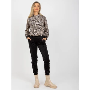 Beige-black velour set with RUE PARIS leopard pattern sweatshirt