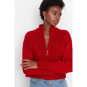 Trendyol Red Crop Zipper Detailed Knitwear Sweater