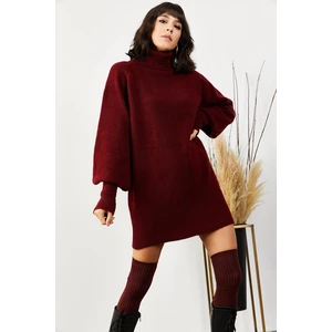 Olalook Women's Claret Red Turtleneck Balloon Sleeves Loose Knitwear Dress