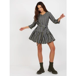 Dark gray striped cocktail dress with tie