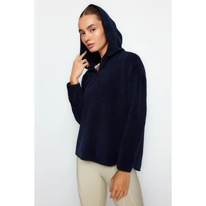 Trendyol Navy Blue Thick Fleece Hooded and Zippered Oversized/Wide Knitted Sweatshirt