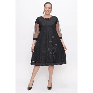 By Saygı Stone Embroidered Tulle Glittery Plus Size Lycra Dress Black